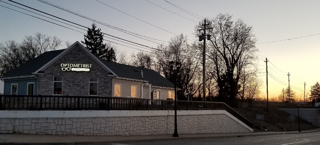 Beautiful night time picture of Dr. Filips' new Optometry practice